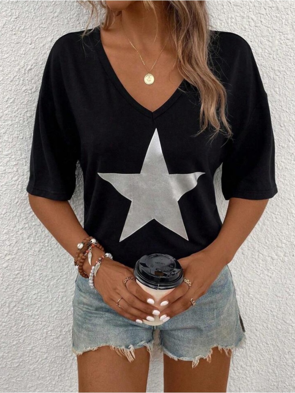 Black V-Neck Star Graphic Top